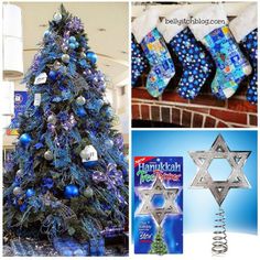 a christmas tree decorated with blue and silver baubles, gifts for hanukkah