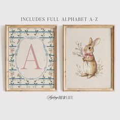 two framed pictures with the letters a - z and an image of a bunny holding flowers