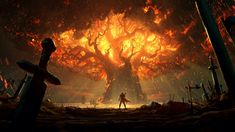 a man standing in front of a giant tree with flames coming out of it's trunk