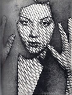 a black and white drawing of a woman's face with her hands in the air