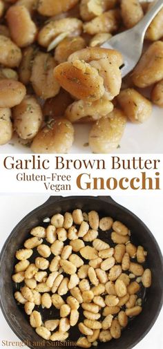 garlic brown butter gnocchi in a skillet and on the side with text overlay