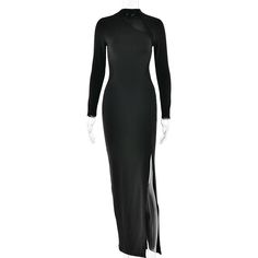 Features: Expertly designed to enhance your curves and exude elegance, our Mesh Patchwork Sexy Maxi Dress is the perfect addition to any wardrobe. Showcasing a stunning hollow out design, o-neckline, long sleeves, and a thigh-high split, this bodycon dress will make heads turn. Elevate your style game with this femme and timeless piece. Stretch Full-length Long Sleeve Party Dress, Stretch Long Sleeve Long Dress For Party, Sheer Long Sleeve Bodycon Dress For Club, Stretch Bodycon Dress With Sheer Long Sleeves, Stretch Long Sleeve Dress For Evening, Long Sleeve Stretch Bodycon Dress For Dinner, Elegant Fitted Long Sleeve Dress For Club, Black High Stretch Long Sleeve Bodycon Dress, Black Long Sleeve Bodycon Dress For Dinner