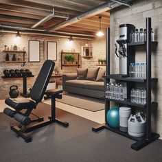 a home gym with exercise equipment in the living room and on the wall is a couch