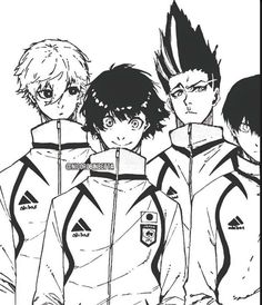 an image of some anime characters with black and white lines on their faces in front of them