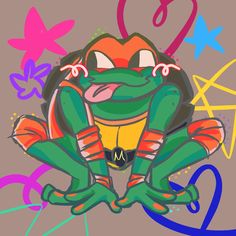 a drawing of a frog sitting on top of a purple background with hearts and stars