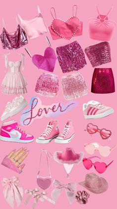 a pink background with many different types of clothes and shoes