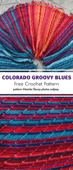 two different colored rugs with text that reads, colorado grooy blues free crochet pattern