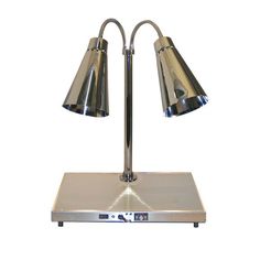 a pair of two lamps sitting on top of a metal stand with one light on it