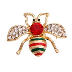 Gold stripe bee brooch pin featuring red crystal rhinestone detailing. Pin closure. Bee measures 1.15 inches long. Red Bee, Dog Jacket, Dog Clothes, Small Pets