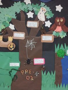 the bulletin board is decorated with animals and trees