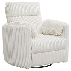 a white chair with two pillows on the armrests and a black metal base