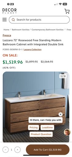 a bathroom vanity with two sinks and an advertise for the same item on sale