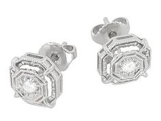 Art Deco Diamond Stud Earrings in 18 Karat White Gold - Item: E153 Art Deco Silver Diamond Earrings In Platinum, Art Deco White Gold Diamond Earrings With Brilliant Cut, Silver Art Deco Platinum Diamond Earrings, Art Deco White Gold Diamond Earrings, Elegant Octagon Diamond Earrings With Accents, Diamond Filigree Earrings, Silver Art Deco Diamond Earrings With Accents, Art Deco White Gold Earrings With Diamond Accents, Elegant Octagon Prong Set Diamond Earrings