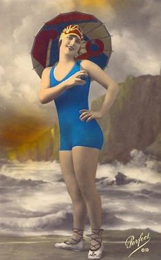 a painting of a woman in a blue swimsuit holding an umbrella over her head