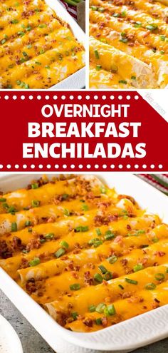 an image of overnight breakfast enchiladas in a casserole dish with text overlay