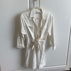 Never Worn! Zara White Button Down Dress With Tie! Thicker Material So Not See Through More Of A Creme White Casual White Shirt Dress With Buttons, White Long Sleeve Shirt Dress With Buttons, Long Sleeve White Shirt Dress With Buttons, Button-up Shirt Dress With Tie Waist For Brunch, White V-neck Shirt Dress With Buttons, Casual White Collared Shirt Dress, Fitted Cream Shirt Dress For Daywear, Casual White V-neck Shirt Dress, White Cotton V-neck Shirt Dress