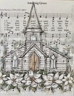 an old church with flowers and music notes