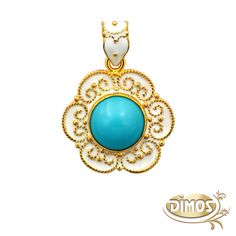 "PLEASE READ THE DESCRIPTION AND ESPECIALLY THE DIMENSIONS 18k yellow gold framing this natural turquoise cut in round cabochon shape and decorate with white enamel to created the ultimate summer look, color and vibe. ◾Materials: Hallmark 18k gold (750) - White enamel ◾DIMENSIONS - Pendant height with bezel: 1.1024\", 2.8cm - Pendant width: 0.7874\", 2cm ◾Weight: 3.7g ◾ Feel free to contact me if you have any questions about my jewelry. ◾ See more handmade gold pendants at: https://www.etsy.com/ Enamel Yellow Gold Jewelry With Cabochon, Luxury Gold Cabochons For Gift, Gold Round Cabochons With Bezel Setting, Luxury Turquoise Cabochon Jewelry, Gold Round Cabochons For Gift, Oval Turquoise Enamel Jewelry, Turquoise Oval Enamel Jewelry, Enamel Cabochon Round Pendant Jewelry, Yellow Gold Round Cabochons For Gifts