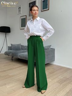 Color: Green, Size: S Ladies Trousers, Blue Office, Office Pants, Pants Women Fashion, Wide Trousers, Women Office, Blue Trousers, Modieuze Outfits, Trouser Style