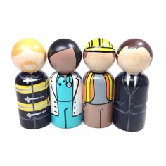 five wooden toy figures are lined up in a row, one is wearing a suit and the other has a tie