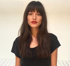 French Bangs Black Hair, Parisien Hairstyles, Straight Fringe Hairstyles, French Bangs Long Hair Brunette, Long Hair With Baby Bangs, Straight Hair Long Bangs, Short Fringe Long Hair, Bottleneck Fringe, Dark Hair With Fringe