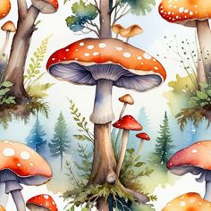 a watercolor painting of mushrooms and trees