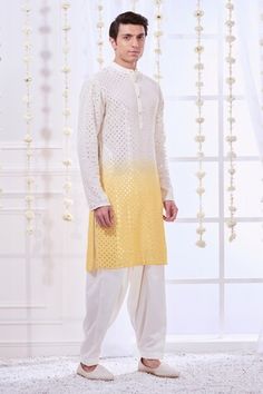 Yellow ombre straight kurta with tonal chikankari embroidery highlighted with mirror like work. Comes with solid pyjama. - Aza Fashions Festive Straight Kurta With Cutwork, Eid Cutwork Straight Kurta, Unstitched Festive Kurta With Cutwork, Designer Cutwork Kurta For Eid, Designer Wear Kurta With Cutwork For Eid, Cutwork Kurta For Eid, Festive Cutwork Kurta For Navratri, Designer Wear Diwali Kurta With Cutwork, Designer Diwali Kurta With Cutwork