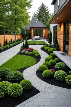 an outdoor garden with landscaping and trees