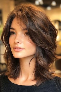 Feathered Layers with a Rich Brunette Glowmedium-length hairstyle with beautiful hair colour Feathered Medium Length Hair, Mid Length Brunette Hair With Layers, Feather Haircut Medium, Medium Length Choppy Layers, Feather Cut For Medium Hair, Collarbone Length Hair With Layers, Feathered Hairstyles Medium, Feathered Layered Hairstyles, Hair Poof