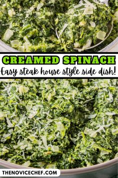 spinach and cheese is being cooked in a pan with the words, creamed spinach