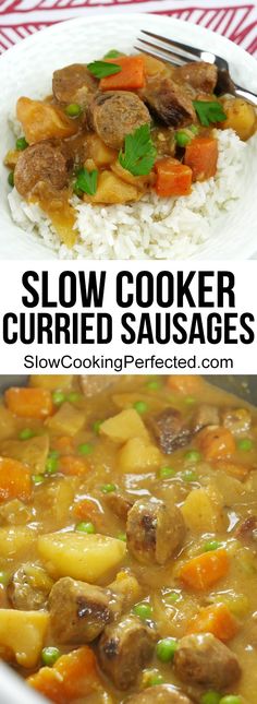 slow cooker curryed sausages with rice and carrots in a white bowl