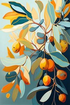 an oil painting of oranges and leaves on a blue background