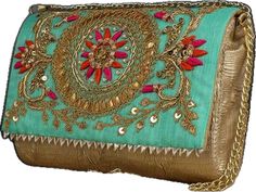 Party Clutch With Gota Work, Traditional Evening Bags With Gota Work, Designer Green Clutch For Party, Festival Clutch With Gold Embroidery, Festive Evening Bag With Gota Work, Festive Evening Bags With Gota Work, Multicolor Handwork Clutch For Reception, Embellished Green Clutch, Festive Multicolor Clutch For Reception