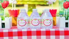 three bottled water bottles sitting on top of a red and white checkered table cloth