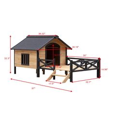 a wooden dog house with measurements for the roof