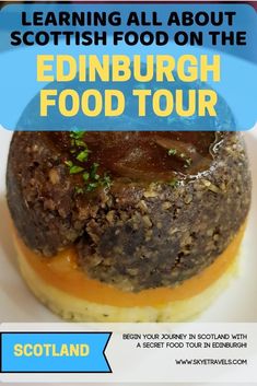 an advertisement for edinburgh food tour with a hamburger in the center and text overlaying it