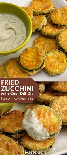 Simple paleo and gluten-free recipe for fried zucchini with a cool dill dip Paleo Savory Snacks, Sliced Zucchini Recipes, Fried Zucchini Recipes, Primal Diet Recipes, Primal Living, Endo Diet, Paleo Snack, Paleo Appetizers, Primal Diet