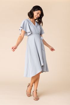 Daphne Tulip Wrap Dress - Dusty blue – Called to Surf Blue Wedding Guest Outfits, Tulip Wrap, Midi Dress Wedding, Dusty Blue Dress, Chiffon Wrap Dress, Wedding Outfits For Women, Dusty Blue Bridesmaid Dresses, Chiffon Wrap, Tulip Dress