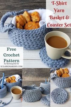 crochet basket and coaster pattern for t - shirt yarn, coffee mug cozyie