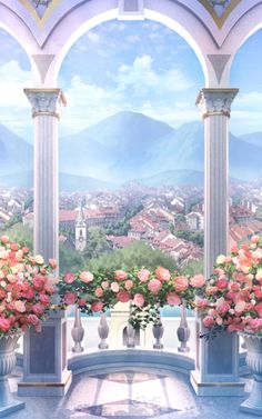 an artistic painting of flowers in vases on a balcony overlooking a cityscape