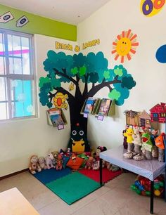 a child's playroom with toys and decor