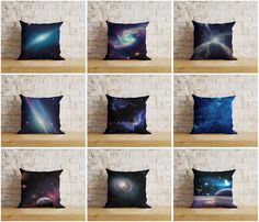 six square pillow cases with different images of stars and planets in them on a wooden table