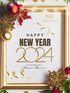 a happy new year poster surrounded by christmas decorations and baubles on a white background