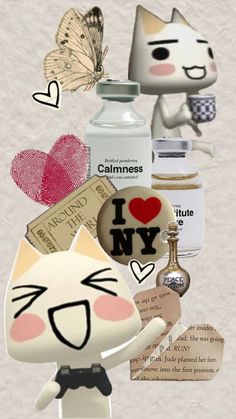 a collage of cats and other items with words written on the bottom, including an i love new york sticker