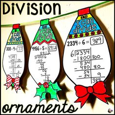 three christmas ornaments hanging on a line with the word division written below them