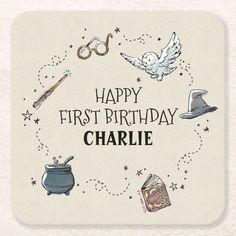 a happy first birthday card with harry potter symbols