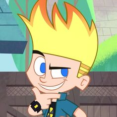 a cartoon boy with blonde hair and blue eyes is looking at something in front of him