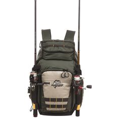 a backpack with fishing rods attached to the back and two poles hanging from it's side