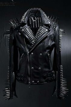 New HANDMADE Full Black Punk Silver Long Spiked Studded Leather Buttons Up Jacket Silver Studs and Spikes Black Leather Jacket on Storenvy Spiked Leather Jacket, Jaket Motor, Punk Leather Jacket, Studded Leather Jacket, Black Punks, Mens Fashion Edgy, Studded Jacket, Mens Fashion Smart, Rock Punk