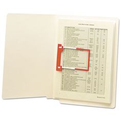 a binder with a red ring on top of an open document book that is filled with papers